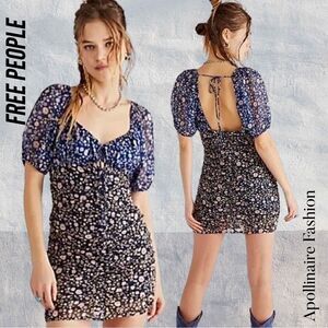 FREE PEOPLE TESSA RUCHED FLORAL PRINT MINI DRESS SMALL NEW BLUE COMBO
